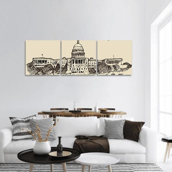 Us Capitol Line Sketch Panoramic Canvas Wall Art in black and beige, hung on a wall