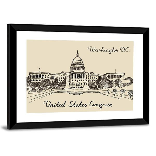 Sketch Of United States Capital Panoramic Canvas Wall Art-1 Piece-36" x 12"-Tiaracle