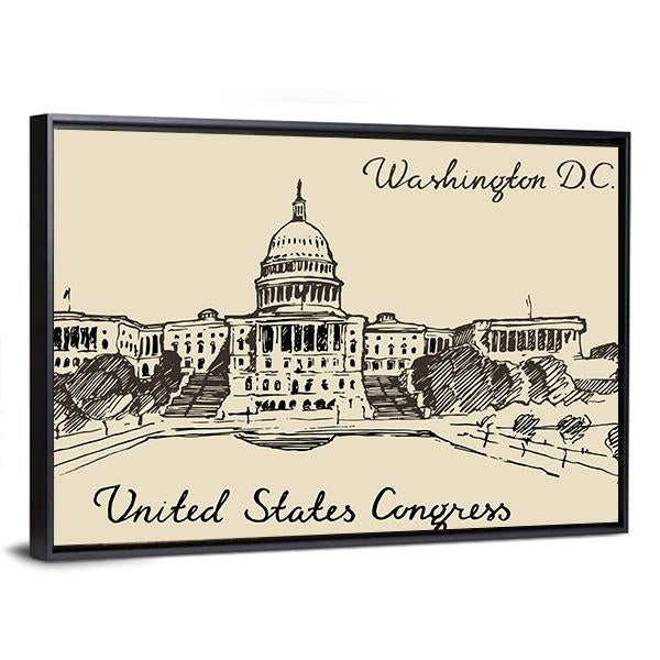 Sketch Of United States Capital Panoramic Canvas Wall Art-1 Piece-36" x 12"-Tiaracle