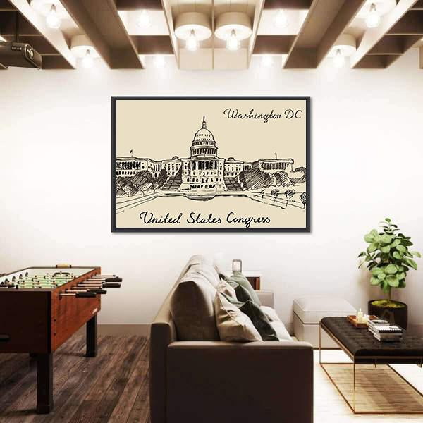 Sketch Of United States Capital Panoramic Canvas Wall Art-1 Piece-36" x 12"-Tiaracle