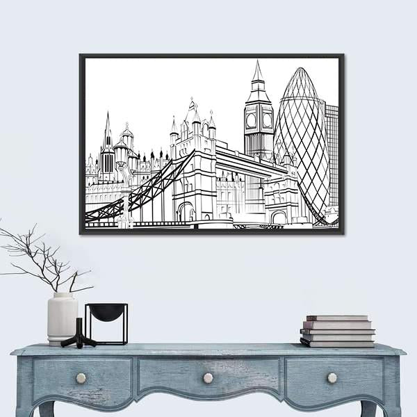 Sketch Silhouette Of London Canvas Wall Art-1 Piece-Floating Frame-24" x 16"-Tiaracle
