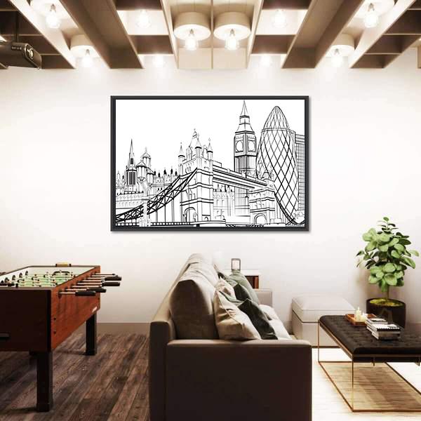 Sketch Silhouette Of London Canvas Wall Art-3 Horizontal-Gallery Wrap-25" x 16"-Tiaracle