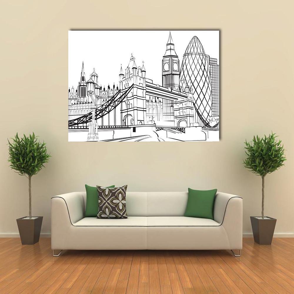 London Skyline Sketch Silhouette Canvas Wall Art in black and white, single panel hung on a wall