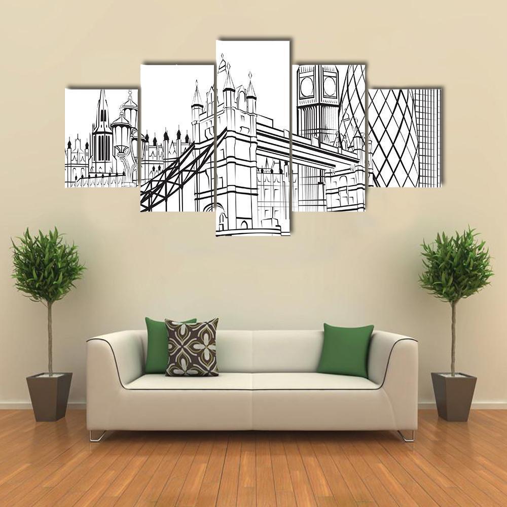 Sketch Silhouette Of London Canvas Wall Art-5 Star-Gallery Wrap-62" x 32"-Tiaracle