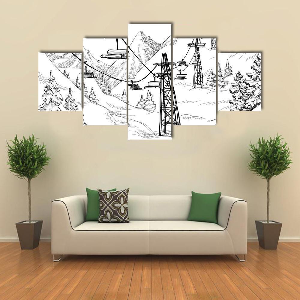 Ski Lift Sketch Canvas Wall Art-5 Star-Gallery Wrap-62" x 32"-Tiaracle