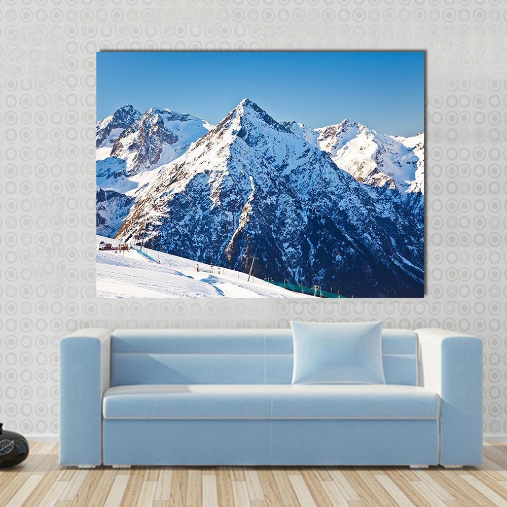 Ski Resort and French Alps Canvas Wall Art in white, gray and blue, single panel hung on a wall
