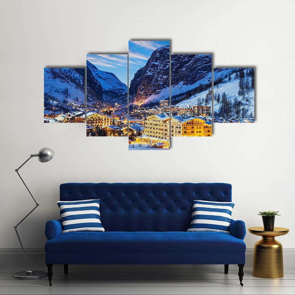 Ski Resort In French Alps Canvas Wall Art-5 Star-Gallery Wrap-62&quot; x 32&quot;-Tiaracle