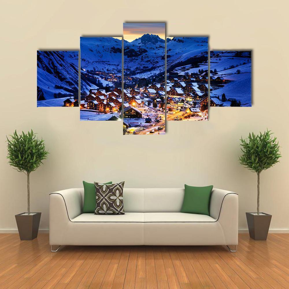 Ski Resort In Winter France Canvas Wall Art-5 Star-Gallery Wrap-62" x 32"-Tiaracle