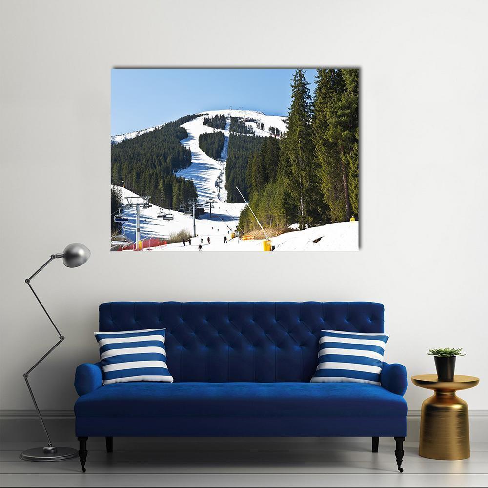 Groomed Ski Run with Chairlift Canvas Wall Art in white, green and blue, single panel hung on a wall