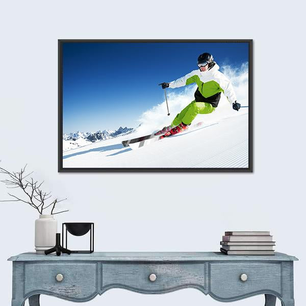 Skier In Mountains Canvas Wall Art-1 Piece-Floating Frame-24" x 16"-Tiaracle