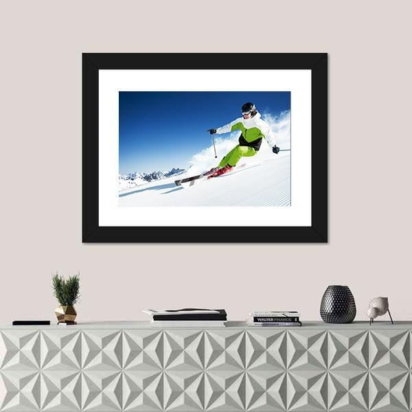 Skier In Mountains Canvas Wall Art-1 Piece-Framed Print-20" x 16"-Tiaracle