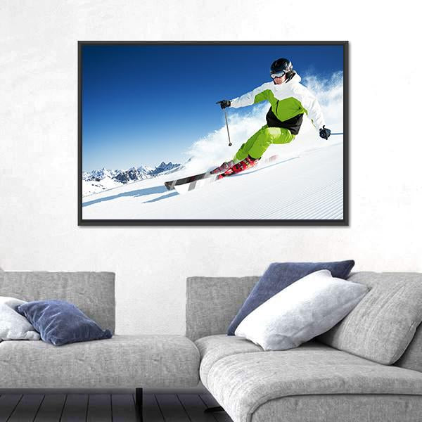Skier In Mountains Canvas Wall Art-3 Horizontal-Gallery Wrap-25" x 16"-Tiaracle