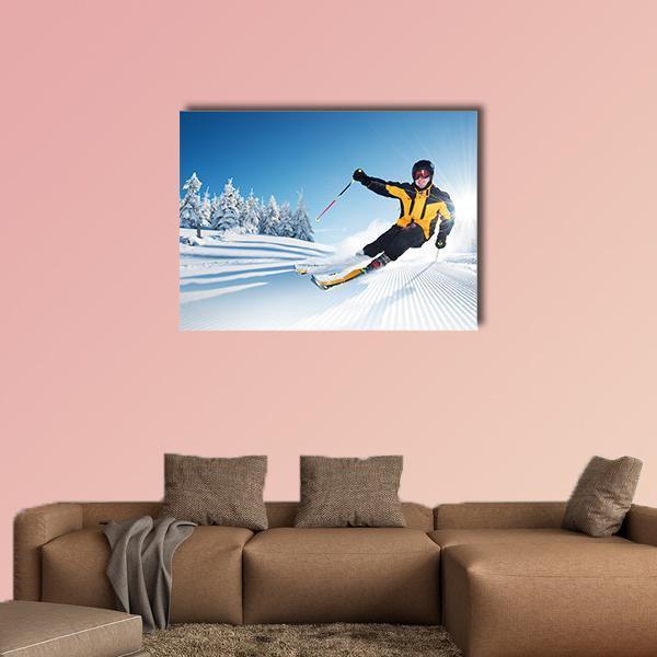 Skier in Mountains Canvas Wall Art in white, yellow and blue, single panel hung on a wall