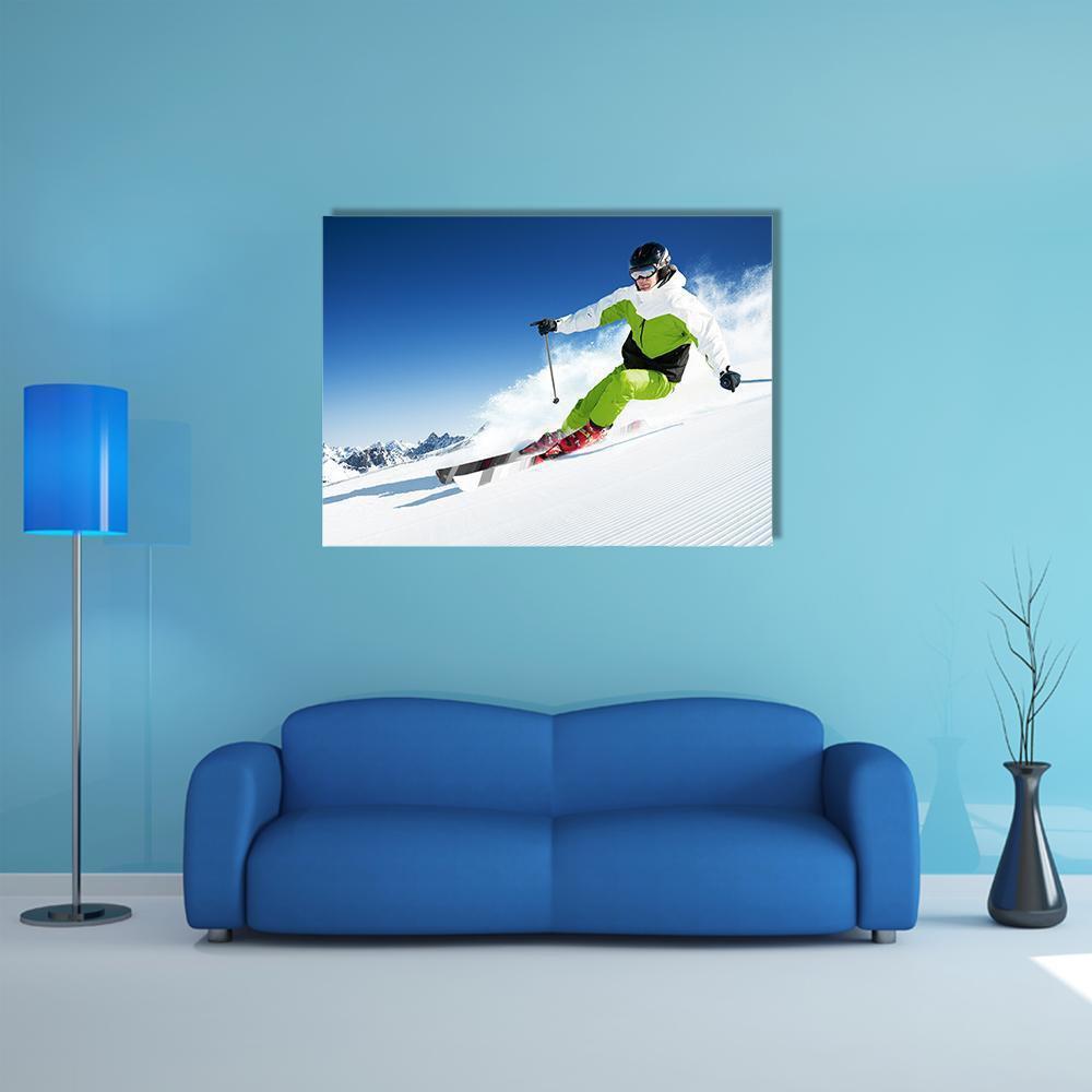 Skier In Mountains Canvas Wall Art-1 Piece-Gallery Wrap-48" x 32"-Tiaracle