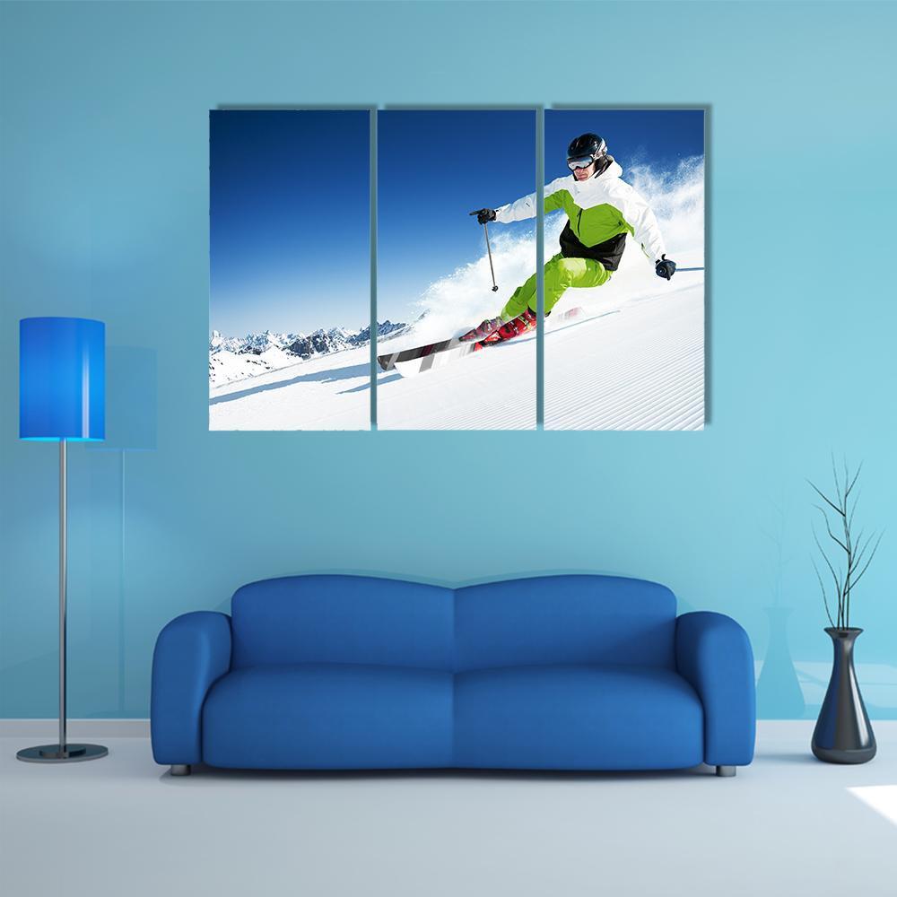 Skier In Mountains Canvas Wall Art-3 Horizontal-Gallery Wrap-37" x 24"-Tiaracle