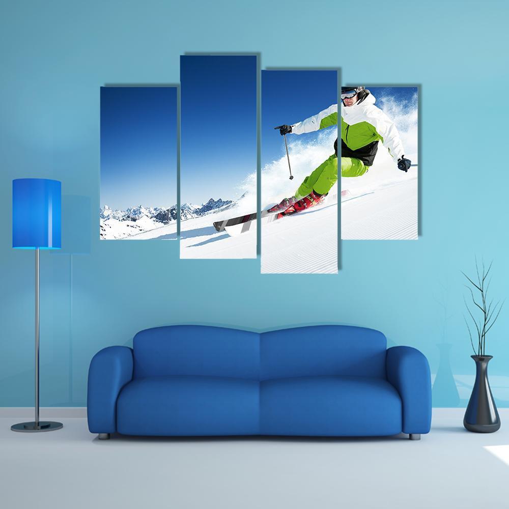 Skier In Mountains Canvas Wall Art-4 Pop-Gallery Wrap-50" x 32"-Tiaracle