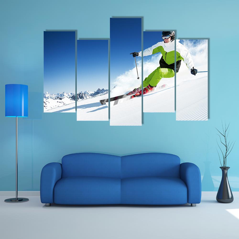 Skier In Mountains Canvas Wall Art-5 Pop-Gallery Wrap-47" x 32"-Tiaracle