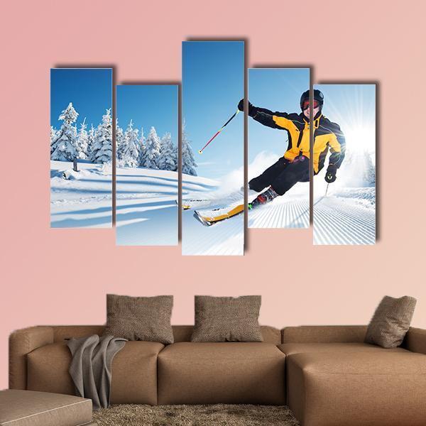 Skier In Mountains Canvas Wall Art-5 Pop-Gallery Wrap-47" x 32"-Tiaracle