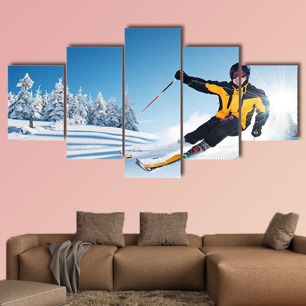 Skier In Mountains Canvas Wall Art-5 Star-Gallery Wrap-62" x 32"-Tiaracle