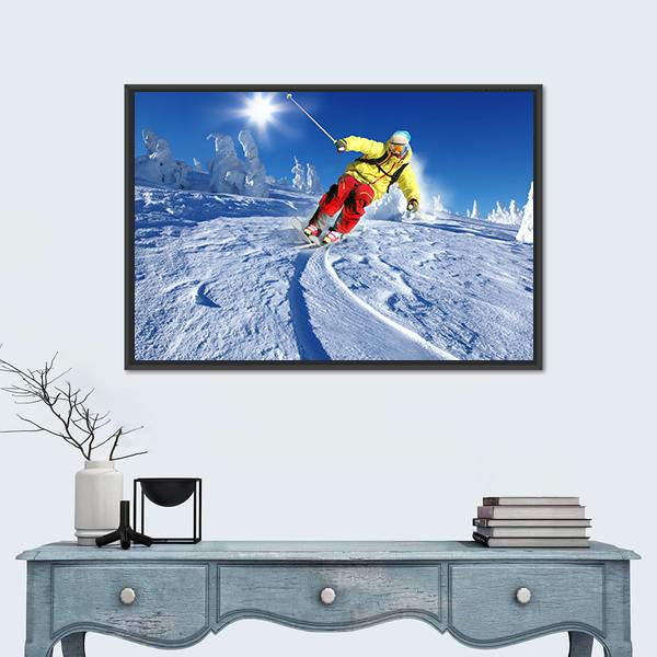 Skier Skiing Downhill Canvas Wall Art-1 Piece-Floating Frame-36" x 24"-Tiaracle
