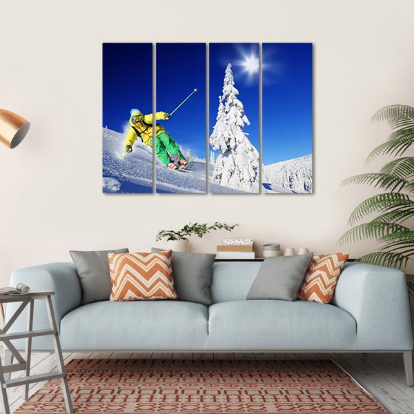 Skier Skiing In High Mountains Canvas Wall Art-4 Horizontal-Gallery Wrap-34" x 24"-Tiaracle
