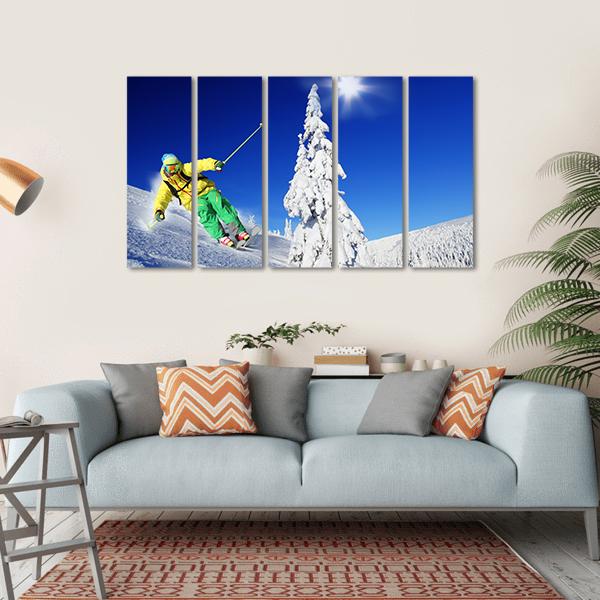 Skier Skiing In High Mountains Canvas Wall Art-5 Horizontal-Gallery Wrap-22" x 12"-Tiaracle