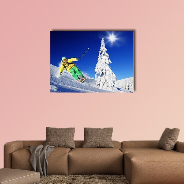 Skier Skiing In High Mountains Canvas Wall Art-5 Star-Gallery Wrap-62" x 32"-Tiaracle