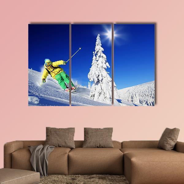 Skier Skiing In High Mountains Canvas Wall Art-3 Horizontal-Gallery Wrap-37" x 24"-Tiaracle