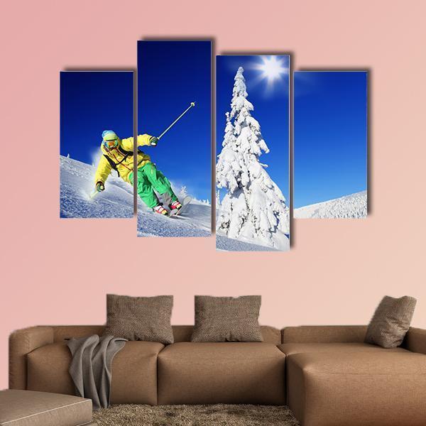 Skier Skiing In High Mountains Canvas Wall Art-4 Pop-Gallery Wrap-50" x 32"-Tiaracle