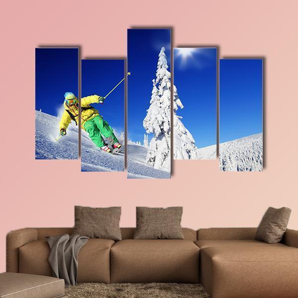 Skier Skiing In High Mountains Canvas Wall Art-5 Pop-Gallery Wrap-47" x 32"-Tiaracle
