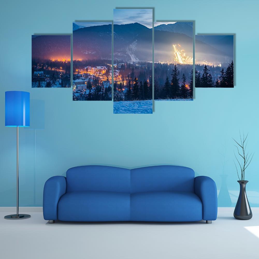 Skiing Competitions In Zakopane At Dusk Canvas Wall Art-5 Star-Gallery Wrap-62" x 32"-Tiaracle