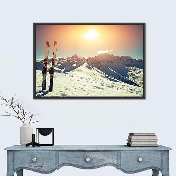 Skis in Snow at Mountains Canvas Wall Art in white, orange and blue, framed canvas, product view on a white background