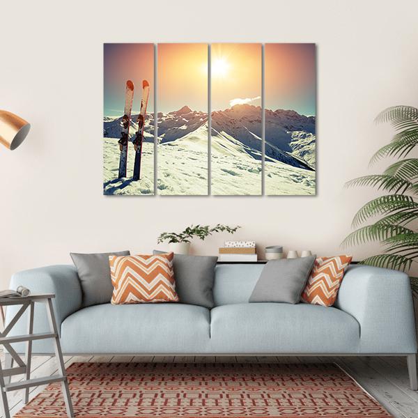 Skis In Snow At Mountains Canvas Wall Art-4 Horizontal-Gallery Wrap-34&quot; x 24&quot;-Tiaracle