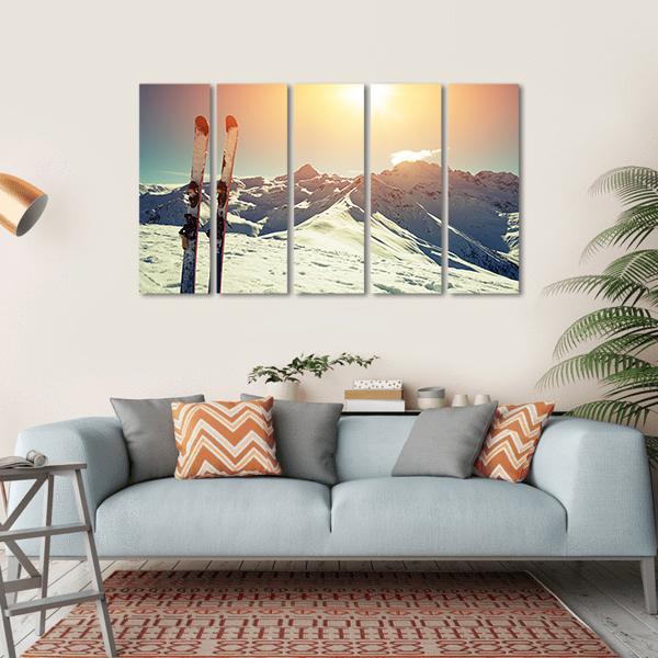 Skis In Snow At Mountains Canvas Wall Art-5 Horizontal-Gallery Wrap-22&quot; x 12&quot;-Tiaracle