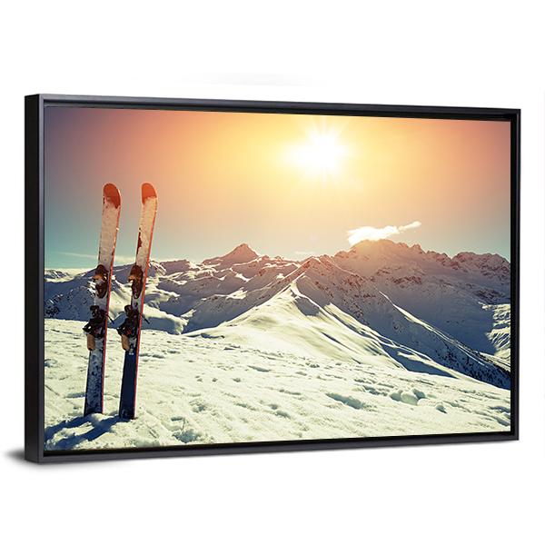 Skis In Snow At Mountains Canvas Wall Art-3 Horizontal-Gallery Wrap-25&quot; x 16&quot;-Tiaracle