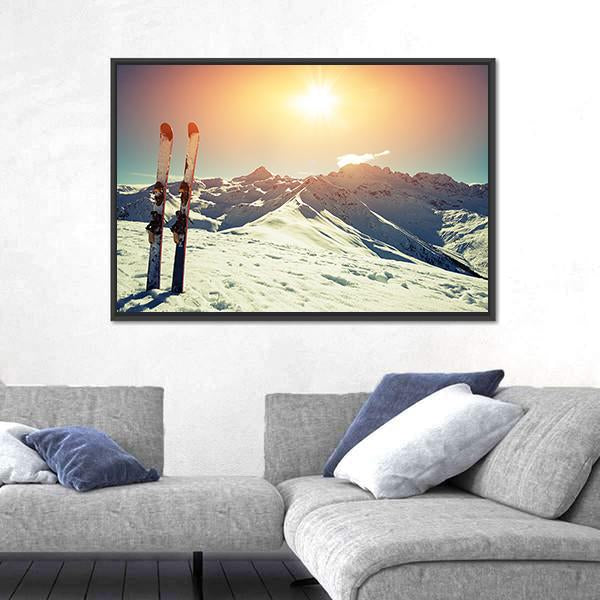 Skis In Snow At Mountains Canvas Wall Art-3 Horizontal-Gallery Wrap-25&quot; x 16&quot;-Tiaracle