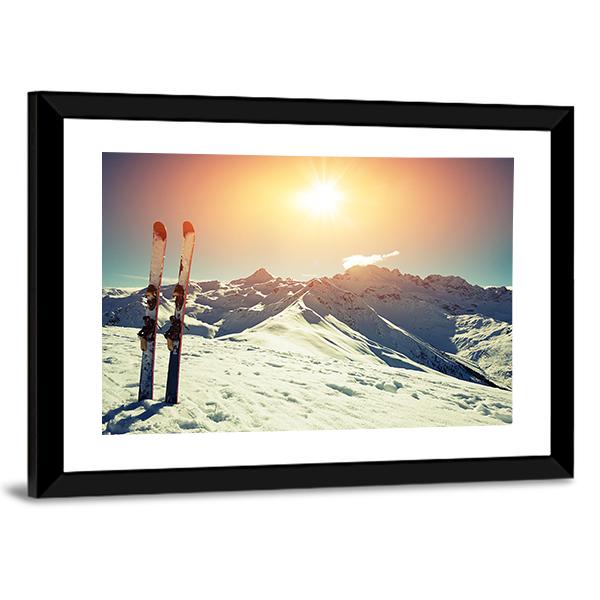 Skis In Snow At Mountains Canvas Wall Art-3 Horizontal-Gallery Wrap-25&quot; x 16&quot;-Tiaracle