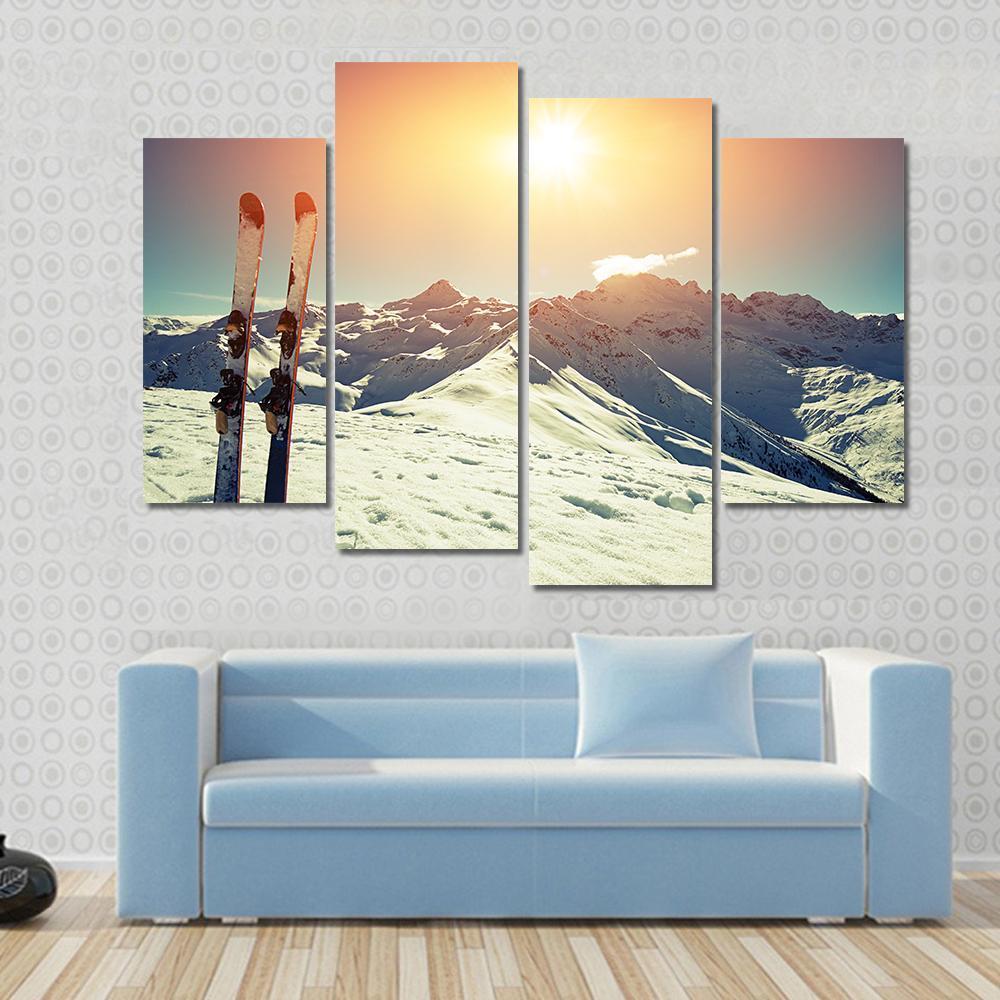 Skis In Snow At Mountains Canvas Wall Art-4 Pop-Gallery Wrap-50" x 32"-Tiaracle