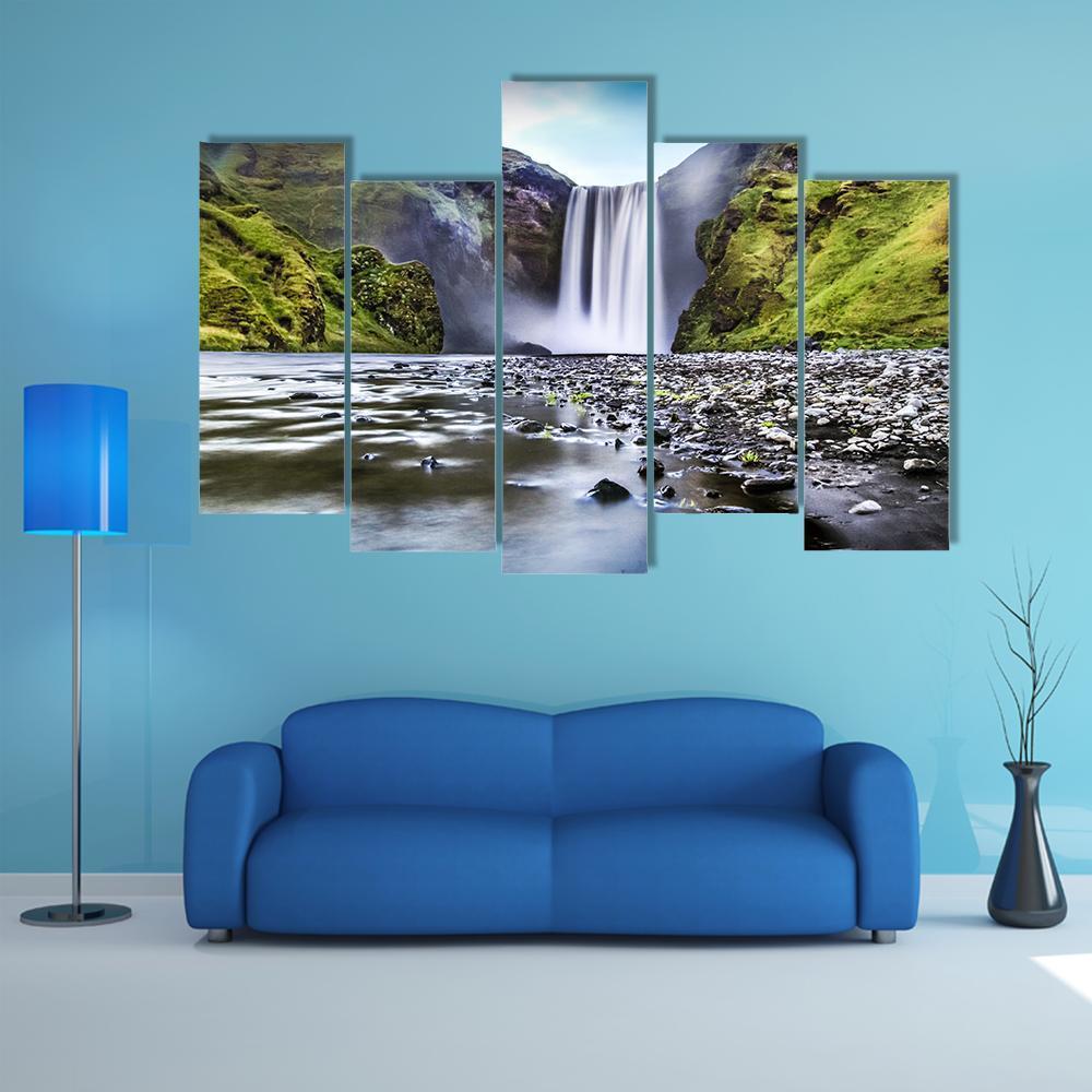 Skogafoss Waterfall In Iceland Canvas Wall Art-5 Pop-Gallery Wrap-47" x 32"-Tiaracle