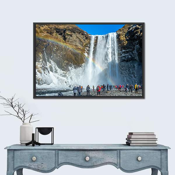 Skogafoss Waterfall In Winter Canvas Wall Art-1 Piece-Floating Frame-24" x 16"-Tiaracle