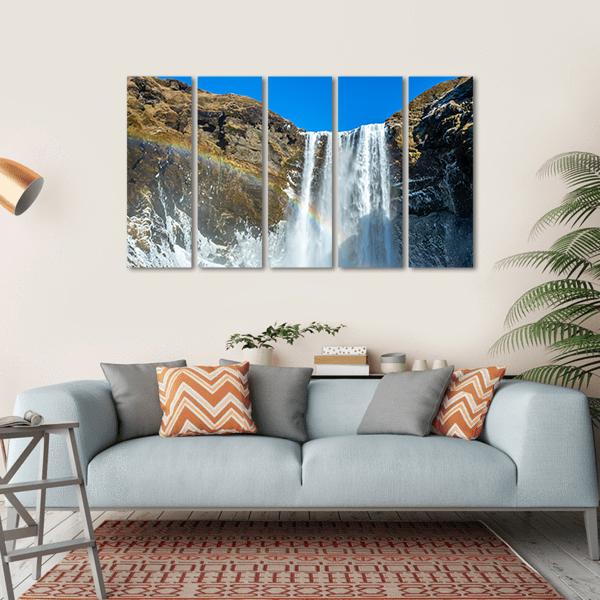 Skogafoss Waterfall In Winter Canvas Wall Art-5 Horizontal-Gallery Wrap-22" x 12"-Tiaracle
