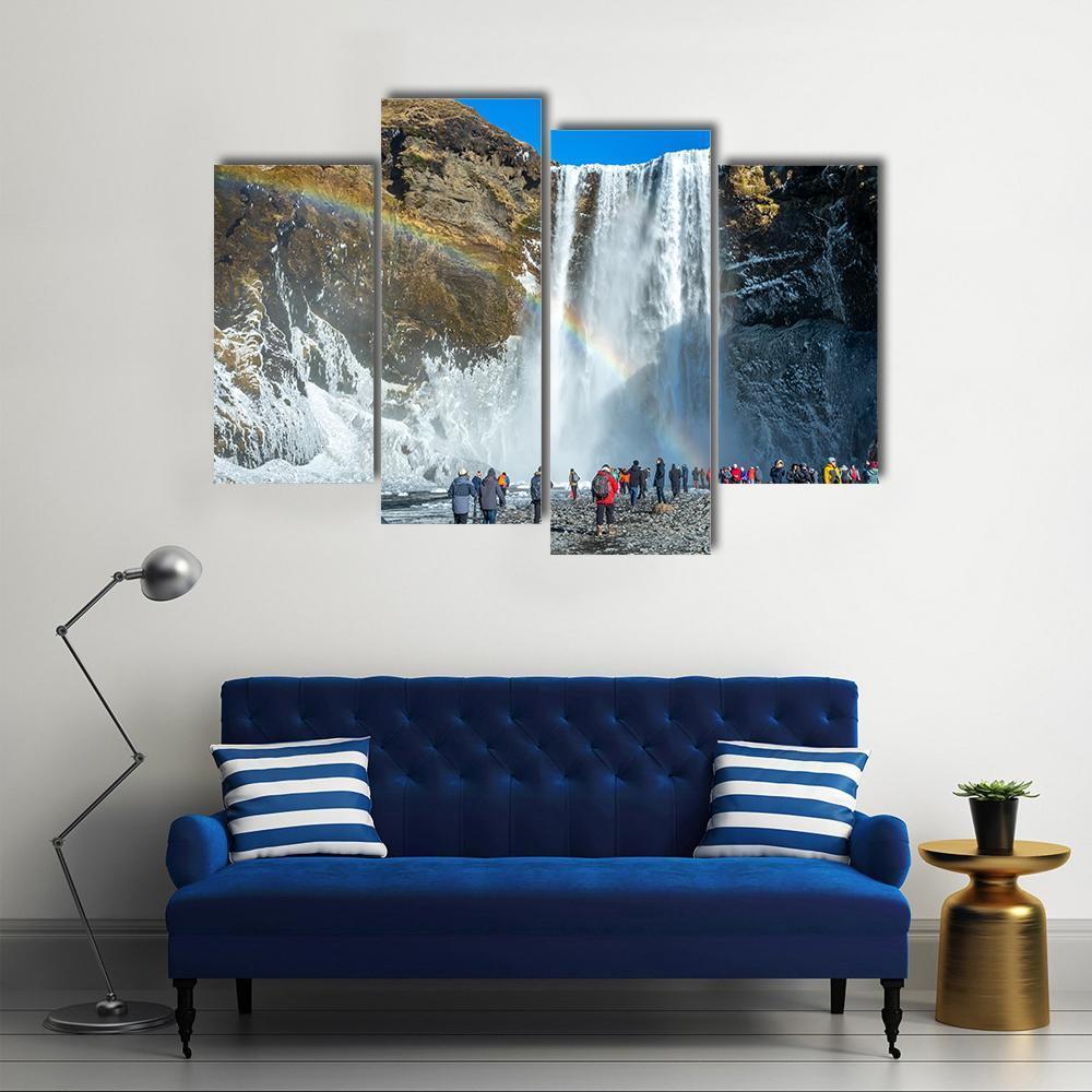 Skogafoss Waterfall In Winter Canvas Wall Art-4 Pop-Gallery Wrap-50" x 32"-Tiaracle