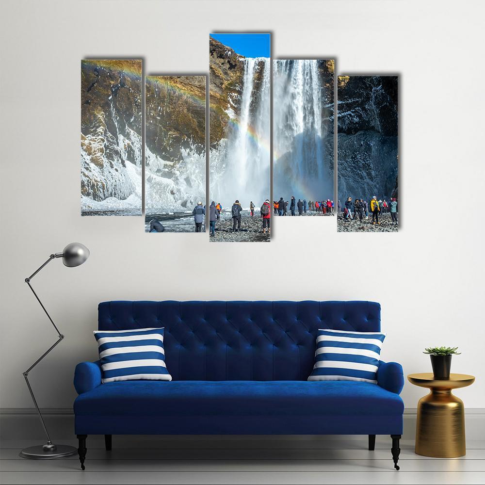 Skogafoss Waterfall In Winter Canvas Wall Art-5 Pop-Gallery Wrap-47" x 32"-Tiaracle