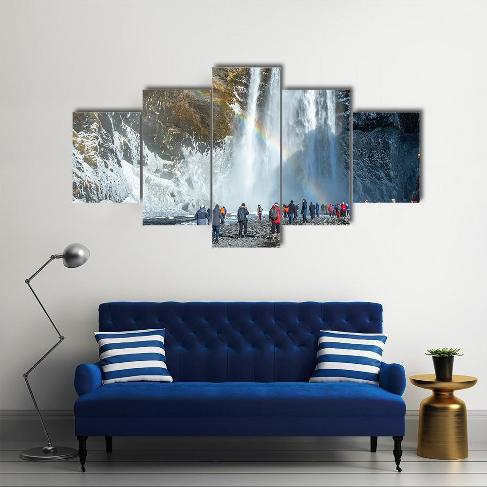 Skogafoss Waterfall In Winter Canvas Wall Art-5 Star-Gallery Wrap-62" x 32"-Tiaracle