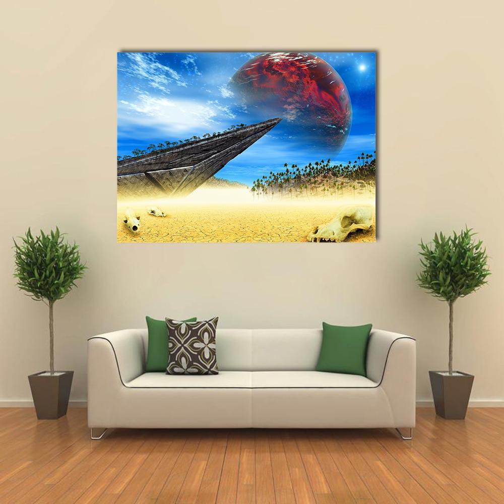 Skulls in an Alien Landscape Canvas Wall Art in red, yellow and blue, single panel hung on a wall