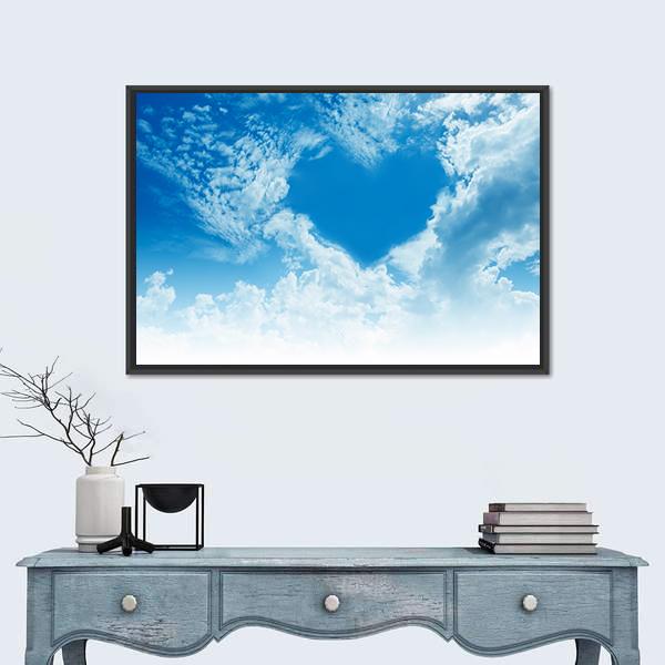 Sky Clouds Forming a Heart Shape Canvas Wall Art in white and blue, framed canvas, product view on a white background
