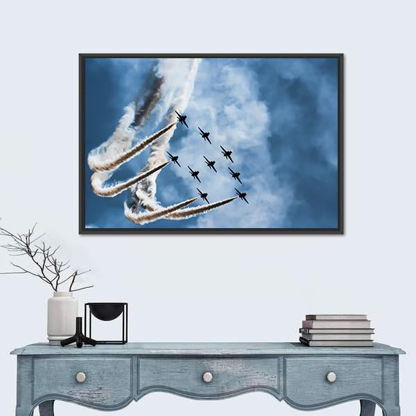 Sky Fighters Airshow Canvas Wall Art in white, gray and blue, framed canvas, product view on a white background