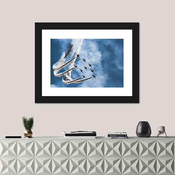 Sky Fighters Airshow Canvas Wall Art in white, gray and blue, hung on a wall