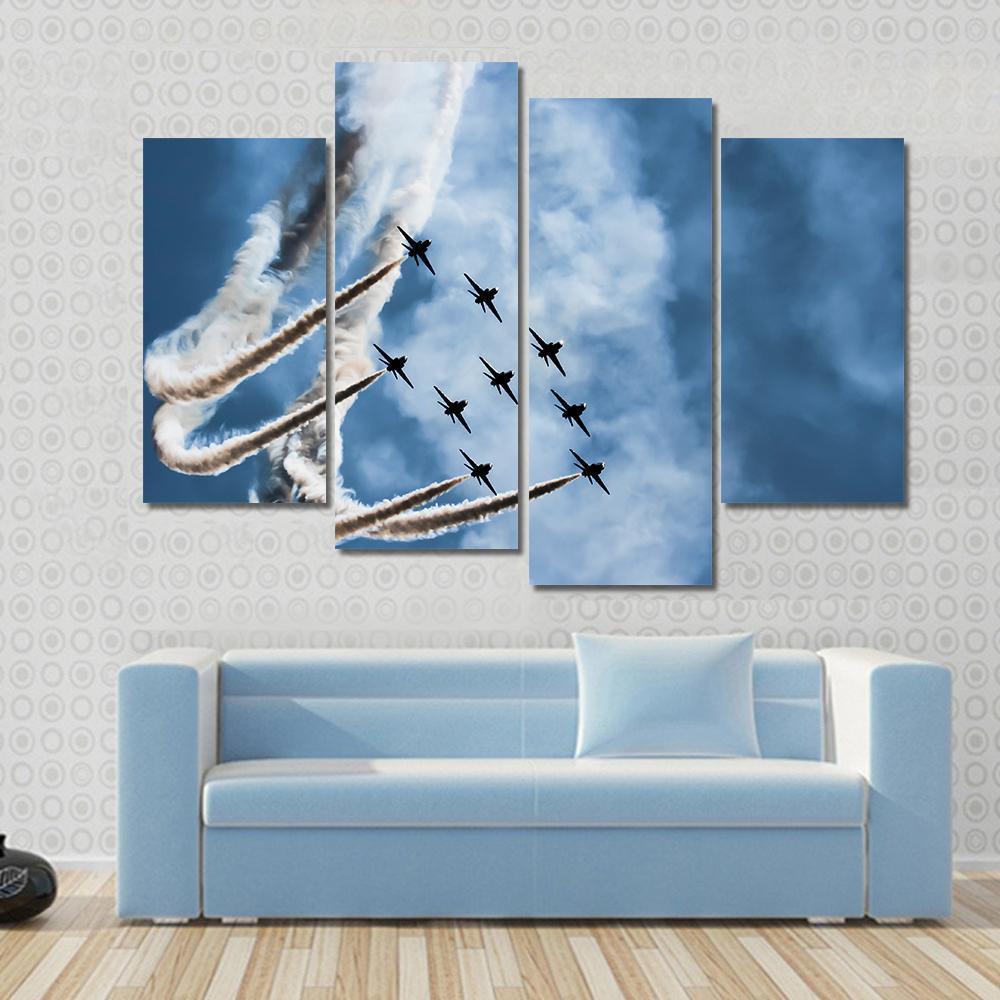 Sky Fighters Airshow Canvas Wall Art in white, gray and blue, 4 panel Pop layout hung on a wall
