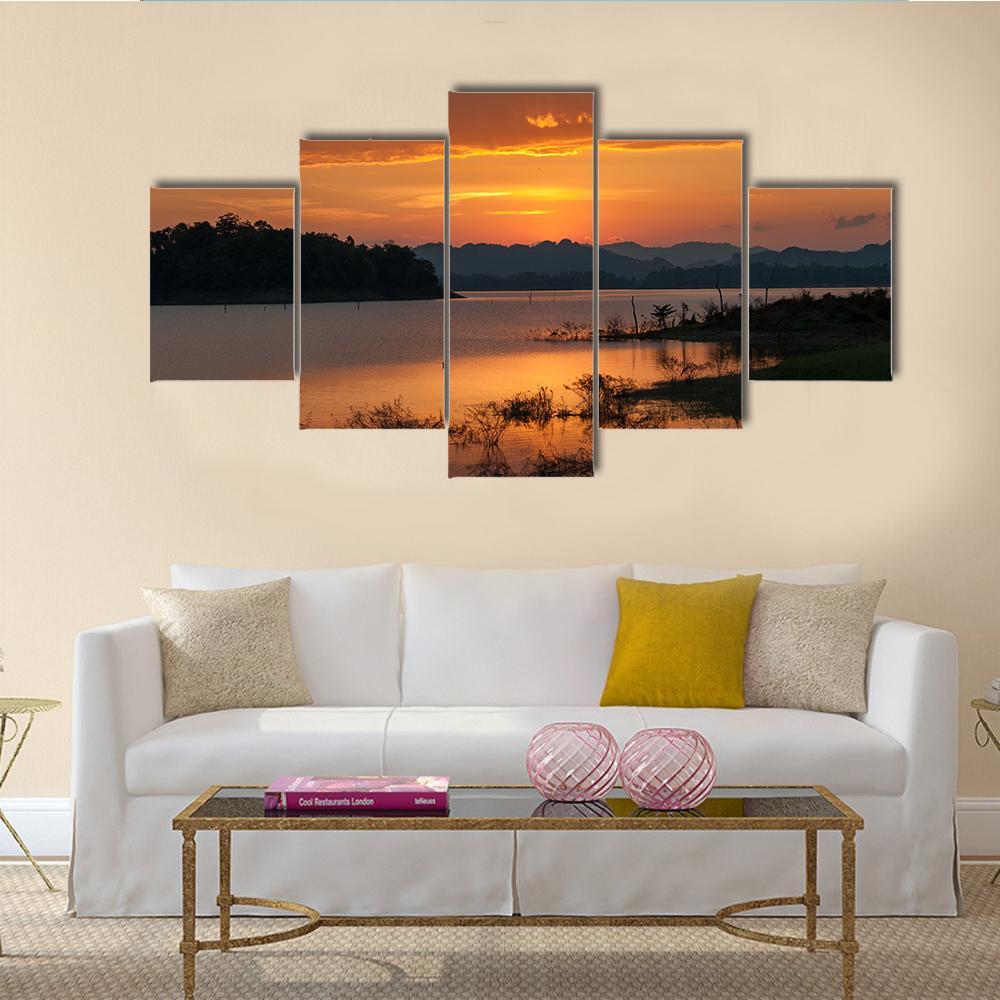 Sky With Cloud At Sunset Over Silhouette Mountains Canvas Wall Art-5 Star-Gallery Wrap-62" x 32"-Tiaracle